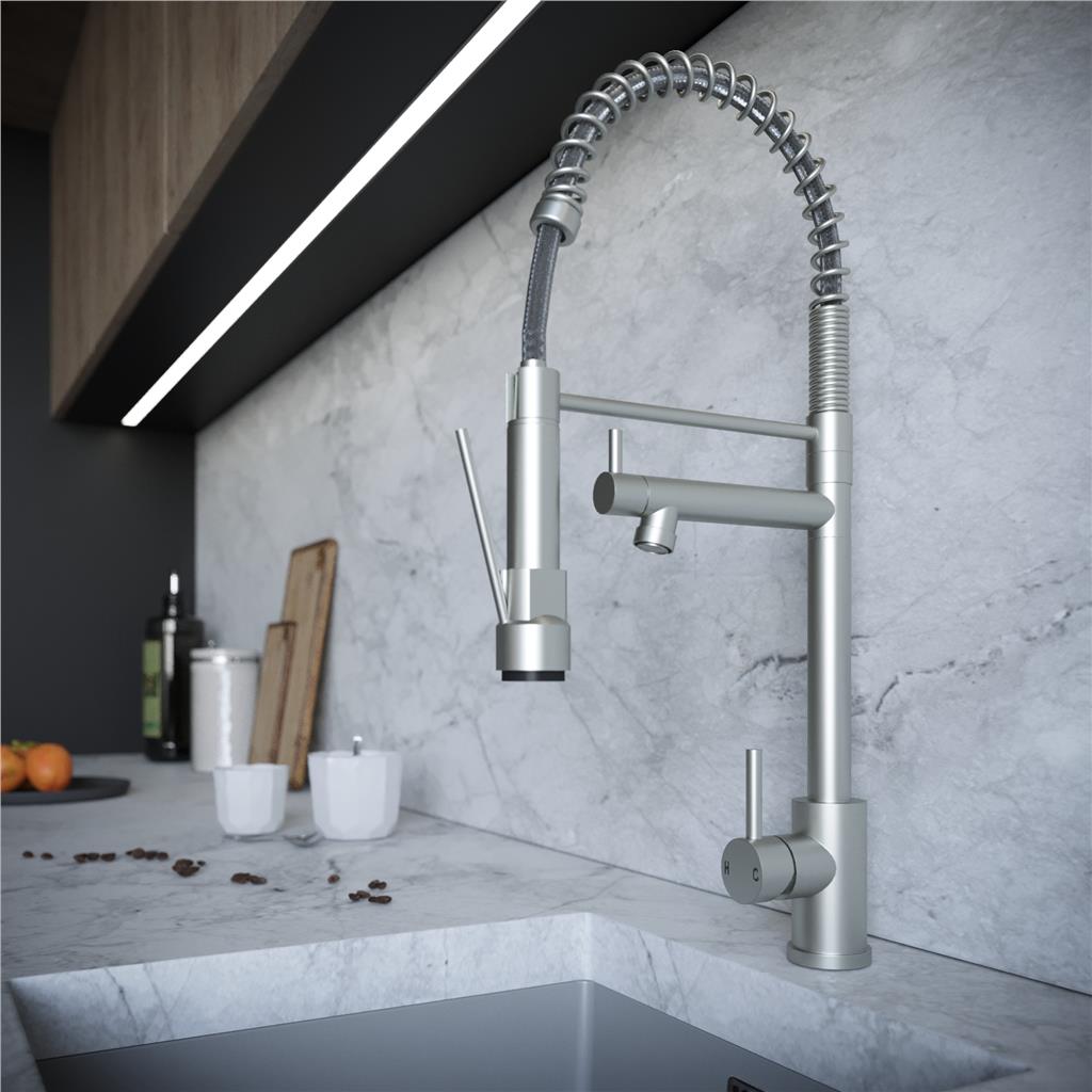 Liquida GR265BS Brushed Steel Kitchen Tap With Swivel Spout & Directional Spray